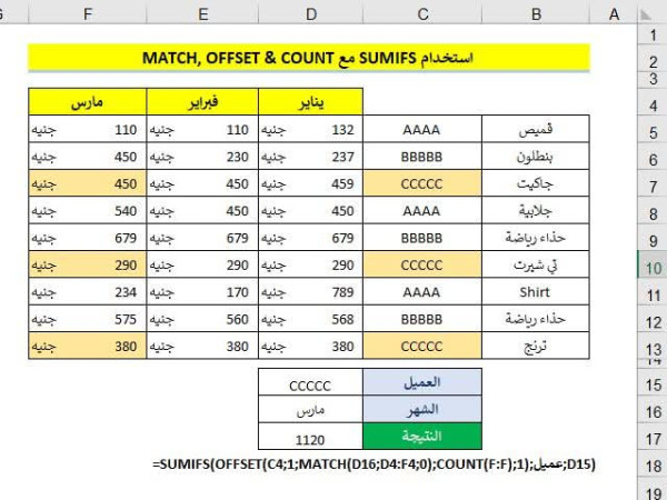 كيفية استخدام الدالة SUMIFS مع MATCH و OFFSETو COUNT في إكسل