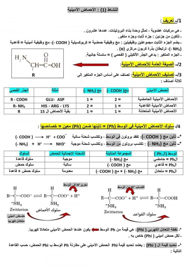 ملخص الوحدة 2 الثانية علوم طبيعية : العلاقة بين بنية و وظيفة البروتين bac 2024 الاحماض الامينية