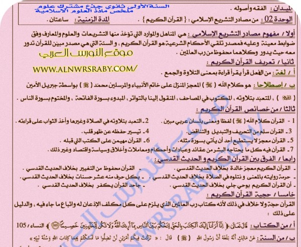 ملخص تحضير درس من مصادر التشريع الإسلامي القرآن الكريم السنة الأولى 1 ثانوي جذع مشترك علوم إسلامية مفهوم مصادر التشريع الإسلامي