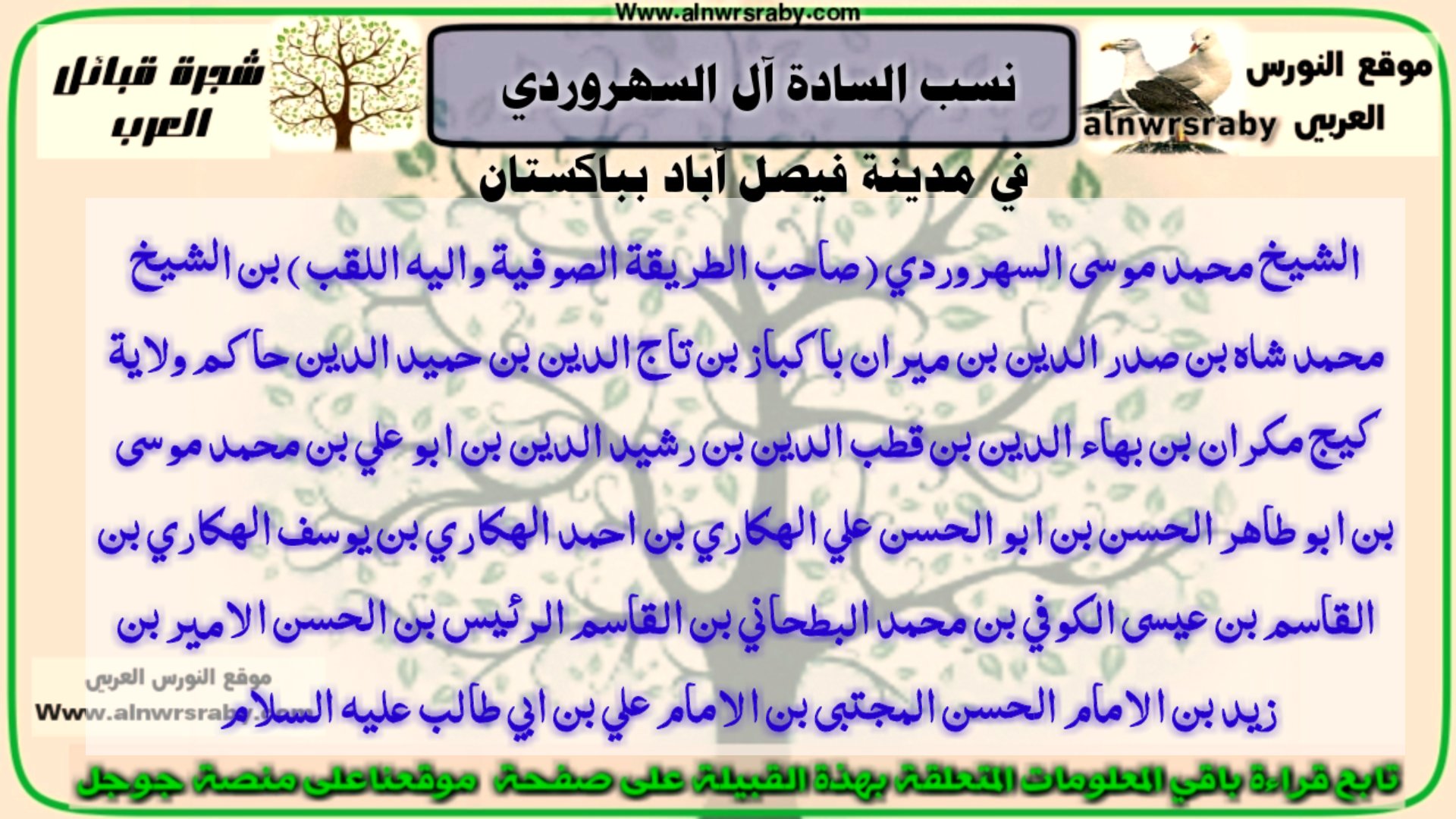 اصل ونسب السادة آل السهروردي في مدينة فيصل آباد بباكستان   عائلة آل السهروردي    وش يرجعون شجرة قبيلة  السهروردي ويكيبيديا     الإجابة هي     نسب السادة آل السهروردي في مدينة فيصل آباد بباكستان   ــــــــــــــــــــــــــــــــــــــــــــــــــــــــــــــــــــــــــــــــــــــــ  سادة اشراف من الدوحة العلوية الطاهرة ومن الشجرة الحسنية الشريفة .. ذرية السيد الشريف :  الشيخ محمد موسى السهروردي ( صاحب الطريقة الصوفية واليه اللقب ) بن الشيخ محمد شاه بن صدر الدين بن ميران باكباز بن تاج الدين بن حميد الدين حاكم ولاية كيج مكران بن بهاء الدين بن قطب الدين بن رشيد الدين بن ابو علي بن محمد موسى بن ابو طاهر الحسن بن ابو الحسن علي الهكاري بن احمد الهكاري بن يوسف الهكاري بن القاسم بن عيسى الكوفي بن محمد البطحاني بن القاسم الرئيس بن الحسن الامير بن زيد بن الامام الحسن المجتبى بن الامام علي بن ابي طالب عليه السلام