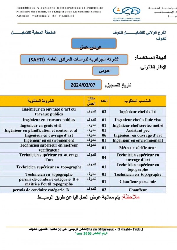 إعلان توظيف عرض عمل للشركة الجزائرية لدراسات المرافق العامة SAETI 2024  شروط وملف التسجيل SAETI