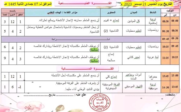 الدفتراليومي للسنة الخامسة الأسبوع 13 الفترة من 17 لغاية 21 ديسمبر 2023   إدماج المقطع يوم الخميس 21 ديسمبر 2023