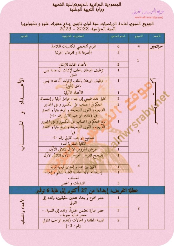 التوزيع السنوي للسنوات الأولى جذع مشترك علمي للسنة الدراسية 2022 - 2023 الجزائر برنامج رياضيات سنة اولى باك 2023