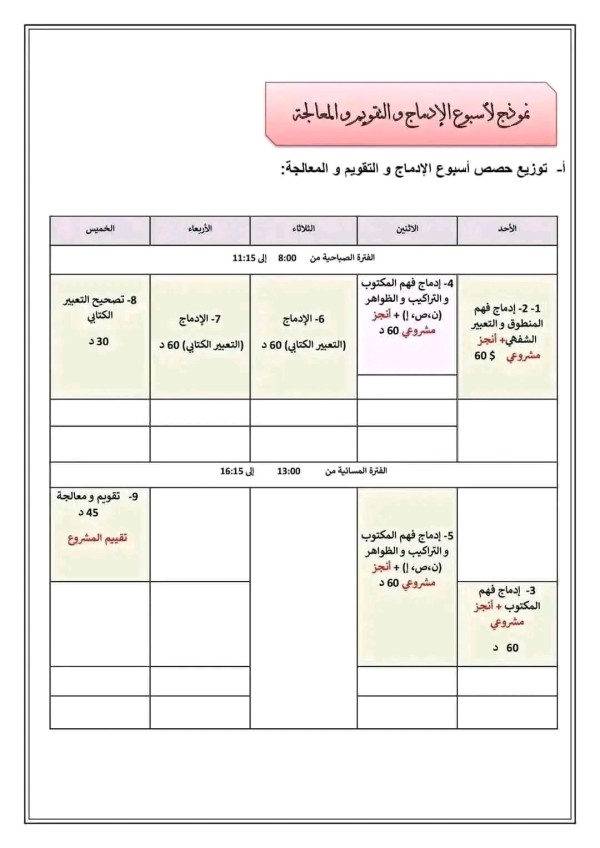 كيفية تسيير أسبوع الإدماج نموذج الأسبوع الادماج والتقويم والمعالجة توزيع حصص الأسبوع