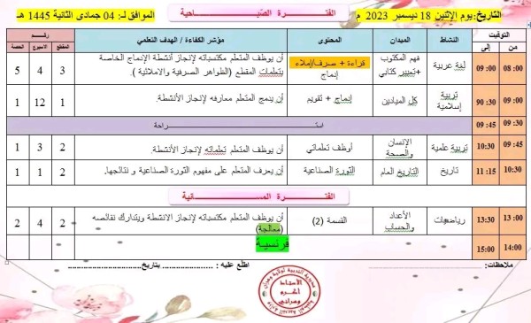 الدفتراليومي للسنة الخامسة الأسبوع 13 الفترة من 17 لغاية 21 ديسمبر 2023   إدماج المقطع يوم الإثنين 18 ديسمبر 2023