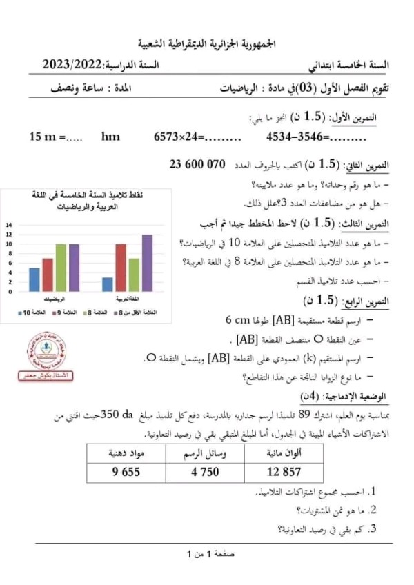 اختبارات الفصل الاول في مادة الرياضيات السنة الخامسة ابتدائي مع الحلول 2023 2024   اختبارات السنة الخامسة ابتدائي الفصل الأول