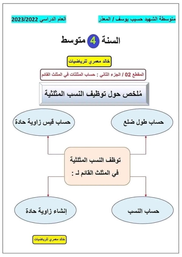 ملخص درس توظيف النسب المثلثية 4 متوسط