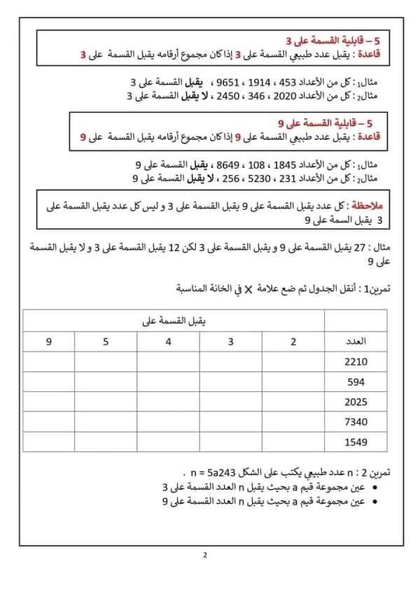 ملخص درس قواعد قابلية القسمة على 2 ، 3 ،4 ،5 ،6 ،9 سنة اولى متوسط أمثلة قابلية القسمة 1 متوسط