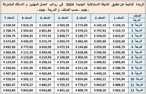 جدول زيادة الأجور 2024، الزيادة الصافية الناتجة عن تطبيق الشبكة الاستدلالية الجديدة للاجور لسنة 2024 في الراتب ومنحة المردودية