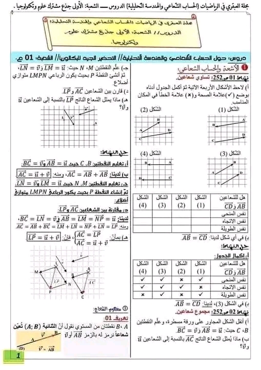 ملخص درس الاشعة اولى ثانوي علمي مع تمارين مرفقة بالحل فصل الثاني  قوانين الاشعة في الرياضيات 1 ثانوي الاشعة 1 ثانوي  تمارين حول الاشعة في معلم اولى ثانوي علوم