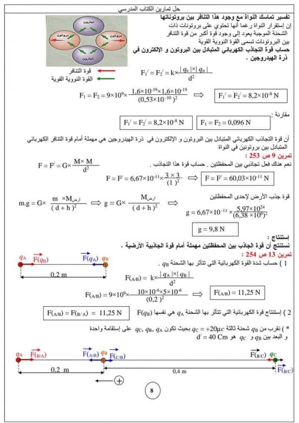 حل تمارين ص 253 وص 254 فيزياء 1 ثانوي جذع مشترك حلول تمارين الكتاب المدرسي لوحدة : التماسك في المادة وفي الفضاء : السنة الأولى