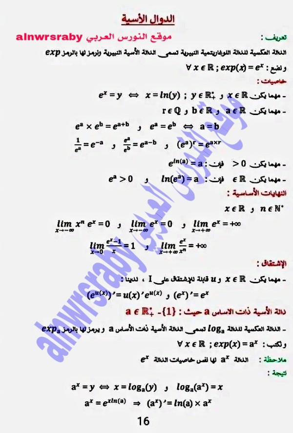 ملخص شرح درس الدوال الأسية رياضيات سنة 2 ثانوي علوم تعريف الدوال الأسية