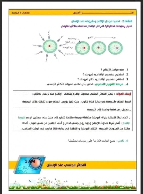 مراجعة شاملة في مادة العلوم الطبيعية السنة الأولى 1متوسط الفصل الثالث ملخص دروس المقطع 4 التكاثر الجنسي عند الانسان pdf