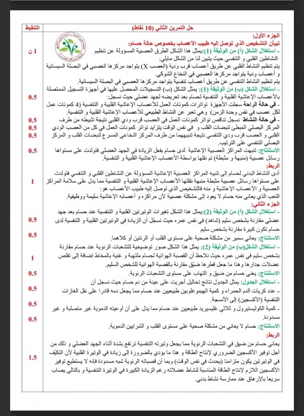 نموذج اختبار  ملخص مرفق بتمارينات لمقطع الذي يخص :تأثير الجهد على الوتيرة القلبية، الحركة الذاتية للقلب، الجهاز الاعاشي ،بنية العصب علوم طبيعية أولى ثانوي