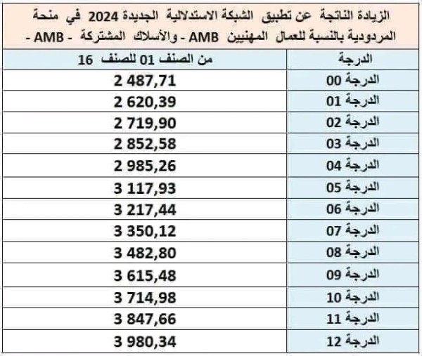 جدول زيادة الأجور 2024، الزيادة الصافية الناتجة عن تطبيق الشبكة الاستدلالية الجديدة للاجور لسنة 2024 في الراتب ومنحة المردودية