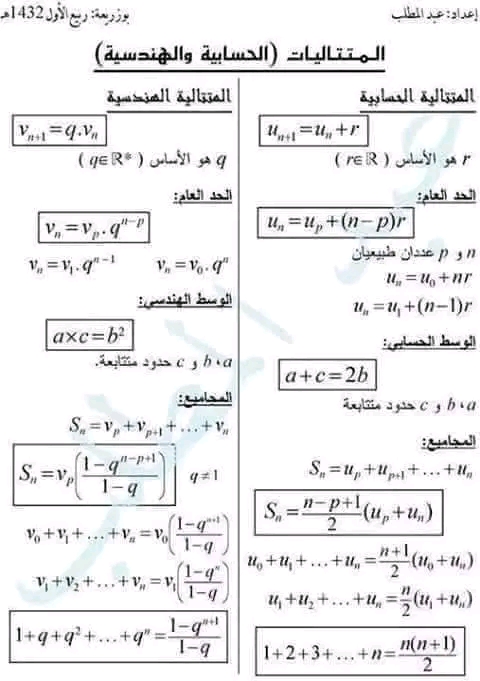 شرح درس القسمة الاقليدية  قوانين متتاليات الحسابية والهندسية قوانين الدوال رياضيات 3 بكالوريا  المتتاليات الحسابية